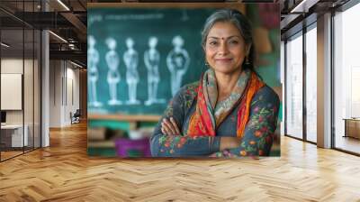 Proud Indian Female Teacher Standing Confidently in Classroom with Creative Blackboard Art Wall mural