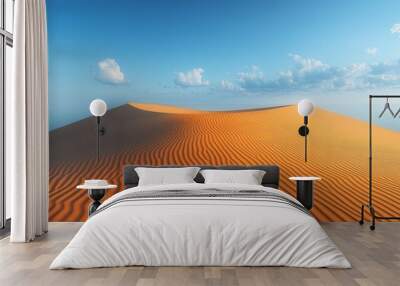 Smooth sand dune meeting a serene ocean under a blue sky with soft clouds in the distance Wall mural