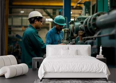 Two Factory Technicians Working on Industrial Machinery in a Manufacturing Plant Wall mural