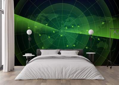 abstract background of futuristic technology screen scan flight radar airplane route path with world maps Wall mural