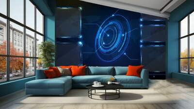 abstract futuristic background of blue circle round glowing technology sci fi frame. hud ui Wall mural