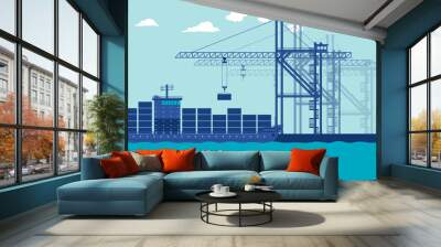 flat cartoon side view of transport cargo sea ship loading containers and harbor crane at port Wall mural