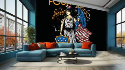 goddess, liberty with american flag and shield on fourth (4th) of july illustration Wall mural