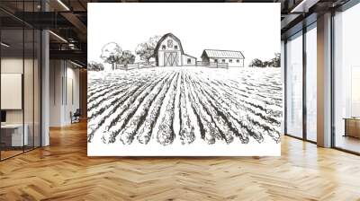 Rural landscape field . Hand drawn vector illustration. Countryside landscape. Engraving style Wall mural