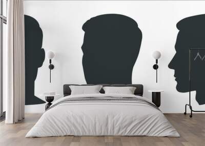 Set of man face silhouette. Different angles Front and profile view. Male portrait of young beautiful boy with trendy hairdo. Vector line sketch illustration. Wall mural