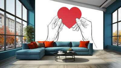 Two hands holding heart. Health care, help, charity, donate love and family concept. Vector sketch line illustration Wall mural