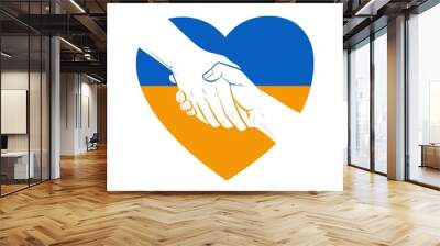 Vector hand concept. Gesture, sign of help and hope logo. Two hands taking each other, blue yellow flag colors. Support ukrainian refugees. Helping Ukraine. Wall mural