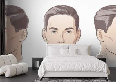 vector Set of man face portrait three different angles and turns of a male head. Close-up line sketch. Different view front, profile, three-quarter of a boy. Wall mural