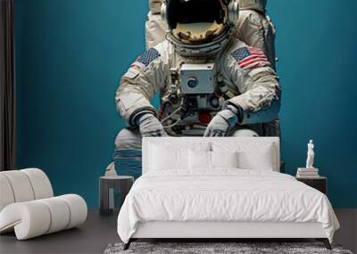 astronaut sitting in chair minimal background blue Wall mural