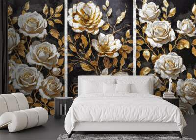 modern gold painting of abstract golden white rose flower. The texture of the oriental style of gray and gold canvas with an abstract pattern. artist canvas art collection for decoration and interior Wall mural