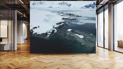 Snow covered rocky coastline in Antarctica. Aerial view frozen polar ocean coast bay with rocks underwater in cold water, mountains in background. Antarctic travel and exploration. Aerial drone shot Wall mural