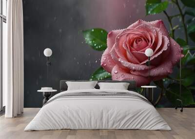 pink rose with water droplets with rainy background Wall mural