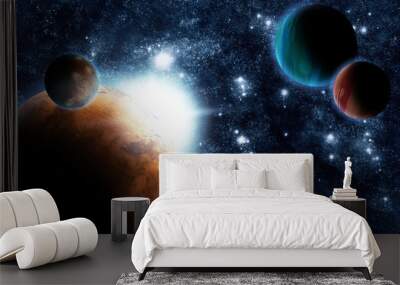 Abstract planet with sun flare in deep space - star nebula again Wall mural