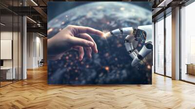 A robot and human hand about to touch, in connection together, teamwork and partnership, cooperation with artificial intelligence and machine learning, tech innovation and progress in cyber research Wall mural