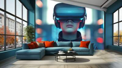 A teenager wearing VR headset, playing with his goggles, ready for a game in a futuristic cyber world - Virtual reality, innovation and new technology abstract concept Wall mural