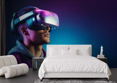 A young man wearing VR headset, playing with his goggles in a futuristic cyber world - Virtual reality, innovation and new technology abstract concept Wall mural