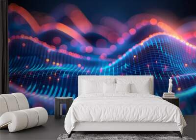 Abstract blue tech background with digital waves, dynamic network system, artificial neural connections, cyber quantum computing and electronic global intelligence Wall mural