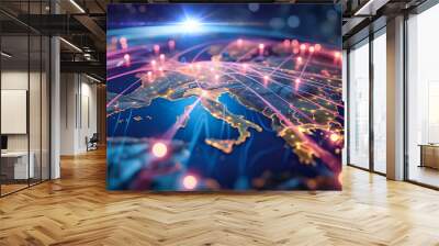 Abstract digital map of Europe, concept of European global network and connectivity, high speed data transfer and cyber technology, information exchange and telecommunication Wall mural