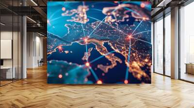 Abstract digital map of Western Europe, concept of European global network and connectivity, data transfer and cyber technology, information exchange and telecommunication Wall mural