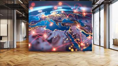 Abstract digital map of Western Europe, North Africa and Middle East, concept of world network and connectivity, business data transfer and cyber technology, information exchange and telecommunication Wall mural