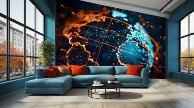 Abstract digital world map, concept of global network and connectivity on Earth, data transfer and cyber technology, information exchange and international telecommunication Wall mural