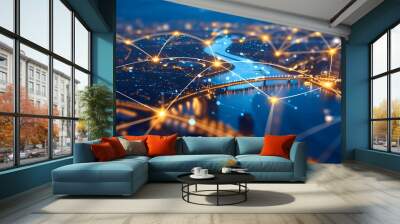 Abstract smart city lights by night, river bridge, network connectivity, technology, telecommunications Wall mural