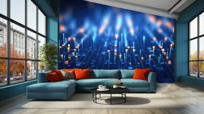 Abstract tech background with illuminated fiber optic connections, quantum computing network system and electronic global intelligence Wall mural