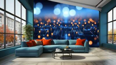 Abstract tech background with illuminated fiber optic connections, quantum computing network system and electronic global intelligence Wall mural