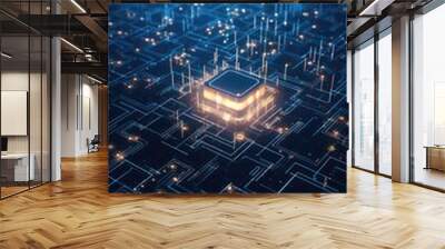 Abstract technology background of a quantum computing system with processor and electronic circuit. Artificial neurons, global data connections - Generative AI Wall mural