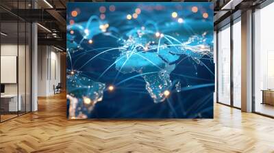 Abstract world map, concept of global network and connectivity, international data transfer and cyber technology, worldwide business, information exchange and telecommunication Wall mural