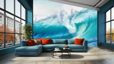 Big breaking blue ocean wave. Surfing summer wave banner - Generative AI Wall mural