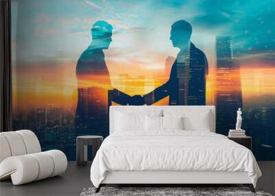 Businessmen handshake on an abstract background corporate skyscrapers at sunset, double exposure. Partnership, success, deal, agreement, cooperation, business contract concept Wall mural