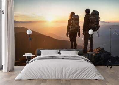 Couple of man and woman on top of mountains at sunset, hiking together, team success, freedom travel Wall mural