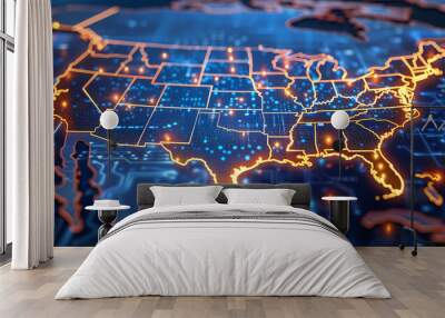 Digital map of USA, concept of American global network and connectivity, data transfer and cyber technology, electronic vote, information exchange and telecommunication Wall mural