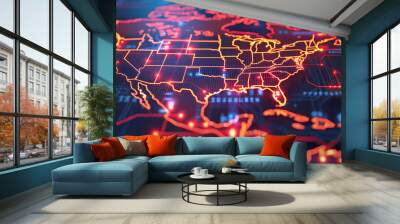 Digital map of USA, concept of United States of America network and connectivity, data transfer and cyber tech, business and information exchange and telecommunication Wall mural