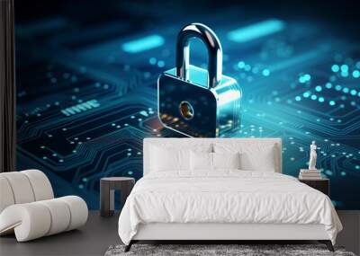 Digital padlock for computing system on dark blue background, cyber security technology for fraud prevention and privacy data network protection concept Wall mural