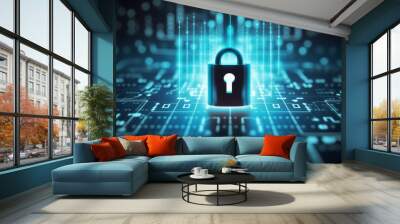 Digital padlock for computing system on dark blue background, cyber security technology for fraud prevention and privacy data network protection concept Wall mural