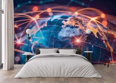 Digital world globe, concept of global network and connectivity on Earth, high speed data transfer and cyber technology, information exchange and international telecommunication Wall mural