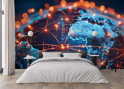 Digital world globe centered on Africa and South America, concept of global network and connectivity on Earth, data transfer and technology, information exchange and international telecommunication Wall mural