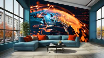 Digital world globe centered on Middle East, concept of global network and connectivity on Earth, data transfer and cyber technology, information exchange and international telecommunication Wall mural