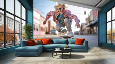 Dynamic funny grandmother riding a skateboard, high speed on asphalt urban road. Active senior lifestyle concept : Sunset of life in colors. Wall mural