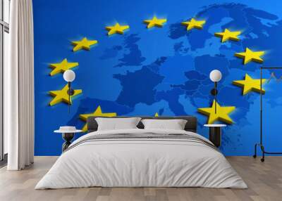 Europe blue flag with yellow stars and European Union map Wall mural