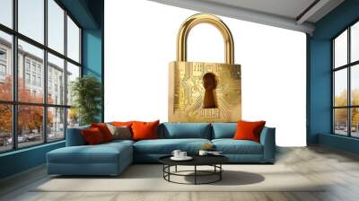 Golden padlock with integrated electronic circuits, password security technology for fraud prevention and confidential data network Wall mural