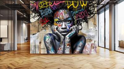 Graffiti, collage of grunge newspapers and multicolored painting splash, illustration of an African woman with a dreamy expression, urban graphic artwork, street art, mixed media Wall mural