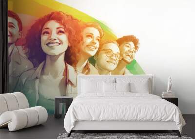 Group of diverse young people smiling together, positive and united, watercolor illustration on white background, diversity concept Wall mural