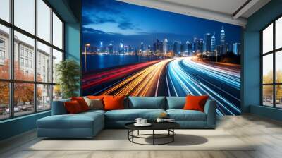 High speed urban traffic on a city highway during evening rush hour, car headlights and busy night transport captured by motion blur lighting effect and abstract long exposure photography Wall mural