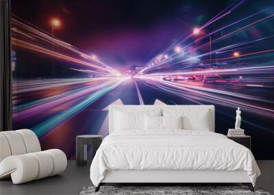 High speed urban traffic on a city street during evening rush hour, cars headlights and busy night transport captured by motion blur lighting effect and abstract long exposure photography Wall mural