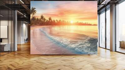 Paradise beach with palm trees and calm ocean at dawn or sunset. Panoramic banner of a peaceful landscape - Generative AI Wall mural