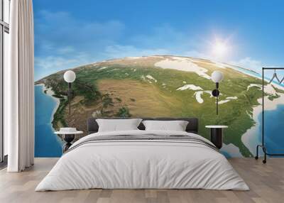 Physical map of Planet Earth, focused on USA, North America. Satellite view, sun shining on the horizon. 3D illustration - Elements of this image furnished by NASA Wall mural