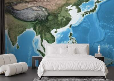 Physical map of South East Asia, with high resolution details. Flattened satellite view of Planet Earth, its geography and topography. 3D illustration - Elements of this image furnished by NASA Wall mural